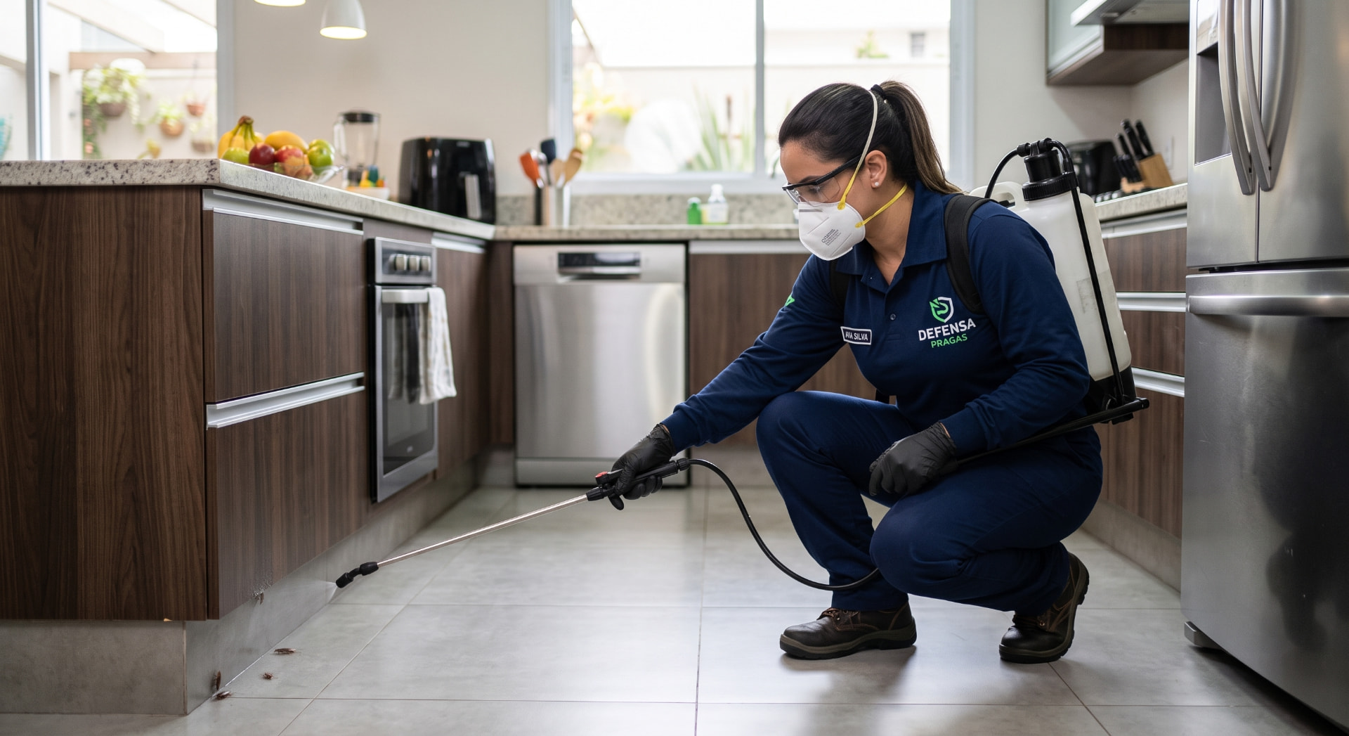 Técnico aplicando produto para controle de insetos em uma cozinha