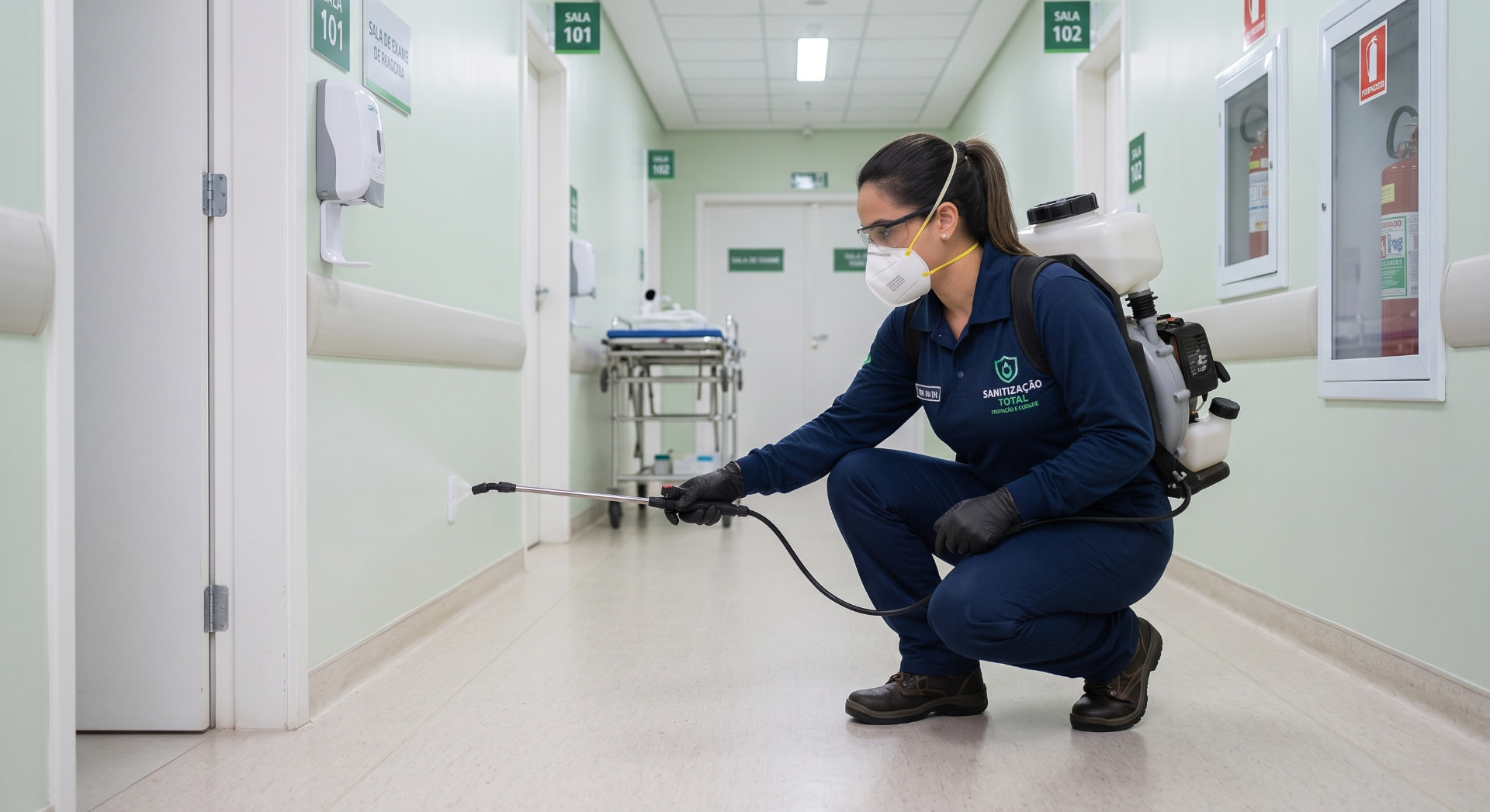 Profissional realizando sanitização de corredor de clínica com nebulizador costal